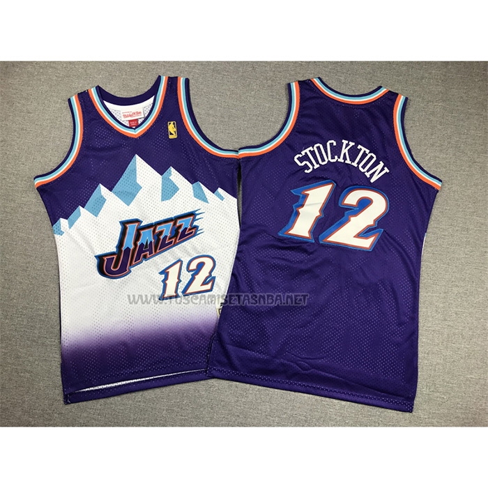 Camiseta John Stockton NO 12 Nino Utah Jazz Hardwood Classics Throwback 1996-97 Violeta